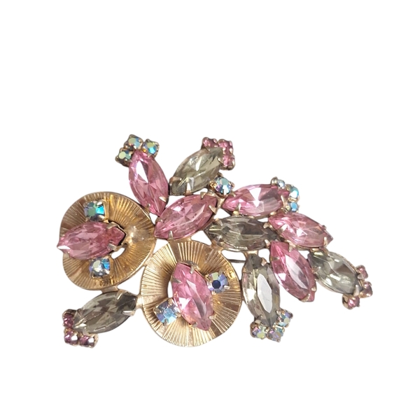 Vintage HOBE Pink Smokey Grey & Blue AB Rhinestone Gold Tone Brooches 2.25"... - Picture 1 of 7